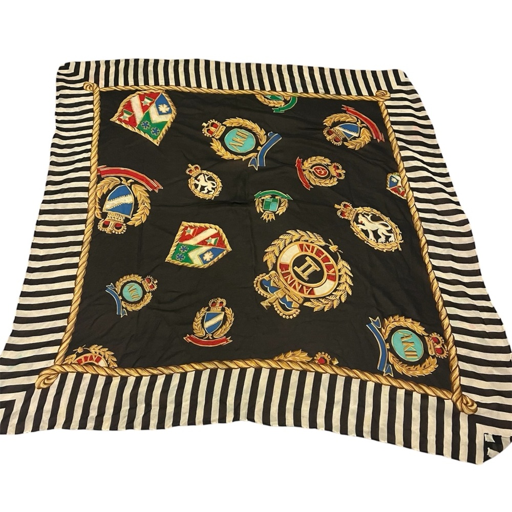Anne Klein Vintage Silk Black and White Striped Scarf with Colorful Crests